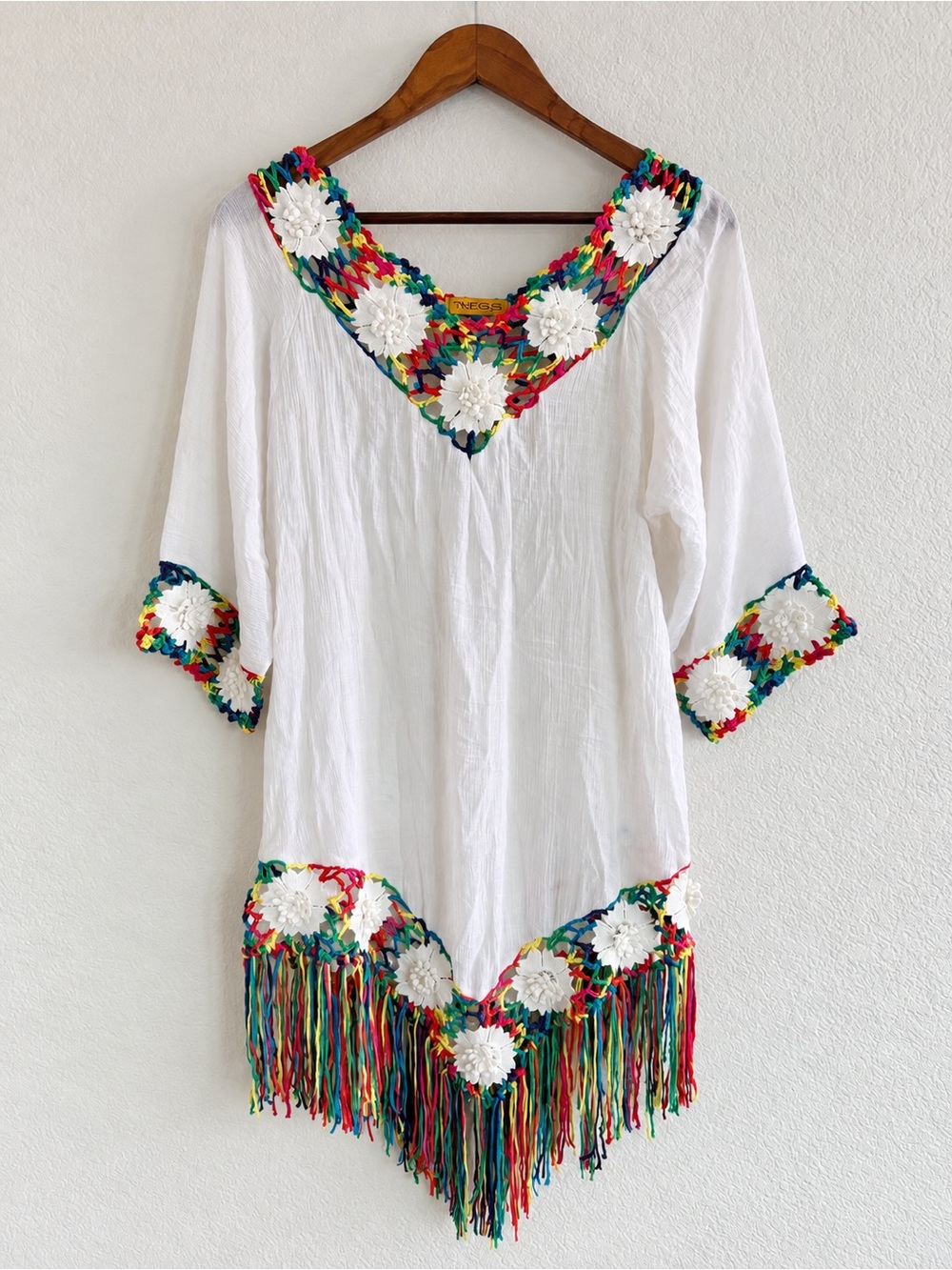 NEGS White Crochet Floral Rainbow Fringe Boho Tunic Dress